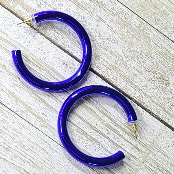 2" 80's Retro Royal Blue Metallic Coating Tube Metal Hoop Earrings - Picture 11 of 11